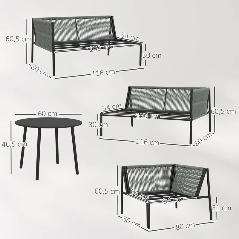 Conjunto jardín ratán 4 piezas – 2 sofás 2 plazas, sofá esquina y mesa redonda, resistente intemperie, gris oscuro | Outsunny