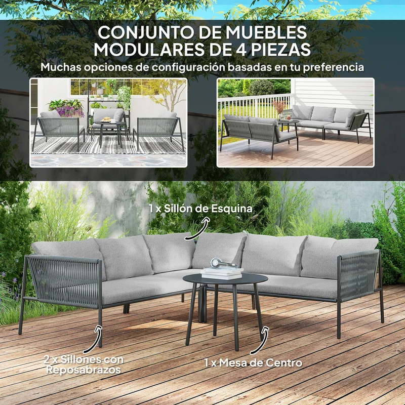 Conjunto jardín ratán 4 piezas – 2 sofás 2 plazas, sofá esquina y mesa redonda, resistente intemperie, gris oscuro | Outsunny