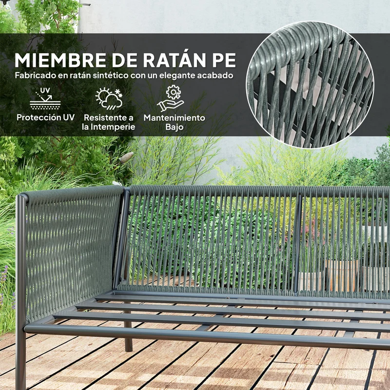 Conjunto jardín ratán 4 piezas – 2 sofás 2 plazas, sofá esquina y mesa redonda, resistente intemperie, gris oscuro | Outsunny