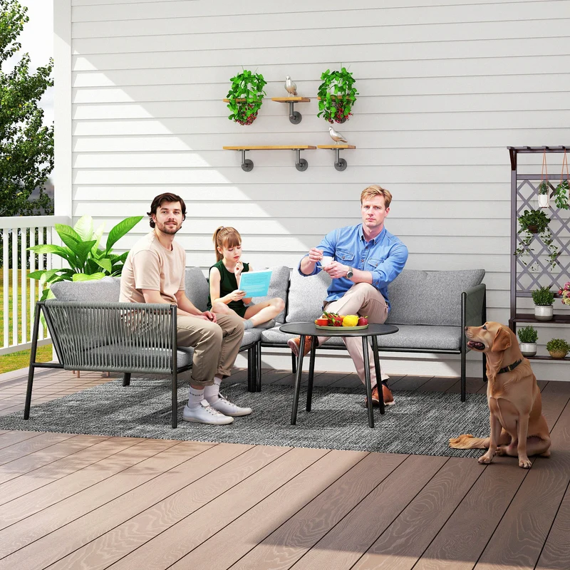 Conjunto jardín ratán 4 piezas – 2 sofás 2 plazas, sofá esquina y mesa redonda, resistente intemperie, gris oscuro | Outsunny