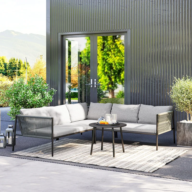 Conjunto jardín ratán 4 piezas – 2 sofás 2 plazas, sofá esquina y mesa redonda, resistente intemperie, gris oscuro | Outsunny