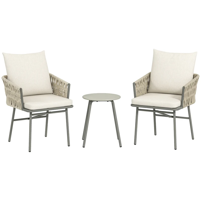 Outsunny Conjunto de Jardín Exterior de 3 Piezas Muebles de Jardín con 2 Sillas con Cojines Extraíbles Lavables y Mesa Terraza con Tablero de Metal Impermeable Anti-UV para Balcón Patio Gris y Crema