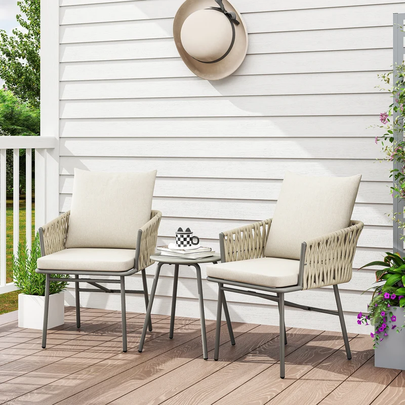 Outsunny Conjunto de Jardín Exterior de 3 Piezas Muebles de Jardín con 2 Sillas con Cojines Extraíbles Lavables y Mesa Terraza con Tablero de Metal Impermeable Anti-UV para Balcón Patio Gris y Crema