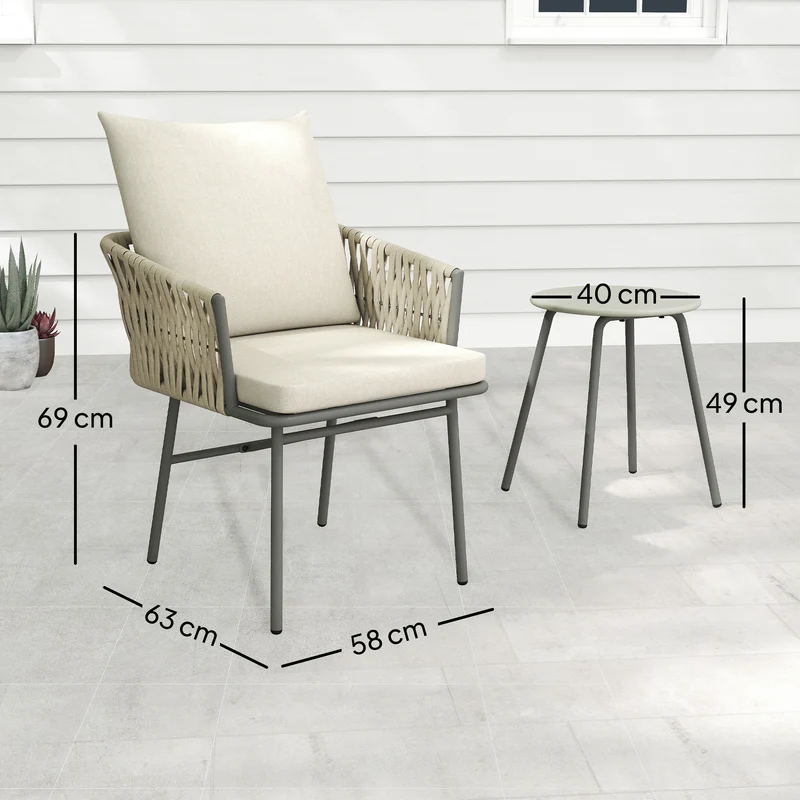 Outsunny Conjunto de Jardín Exterior de 3 Piezas Muebles de Jardín con 2 Sillas con Cojines Extraíbles Lavables y Mesa Terraza con Tablero de Metal Impermeable Anti-UV para Balcón Patio Gris y Crema