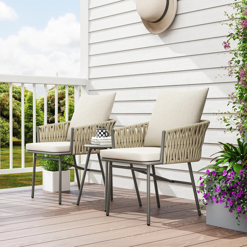 Outsunny Conjunto de Jardín Exterior de 3 Piezas Muebles de Jardín con 2 Sillas con Cojines Extraíbles Lavables y Mesa Terraza con Tablero de Metal Impermeable Anti-UV para Balcón Patio Gris y Crema