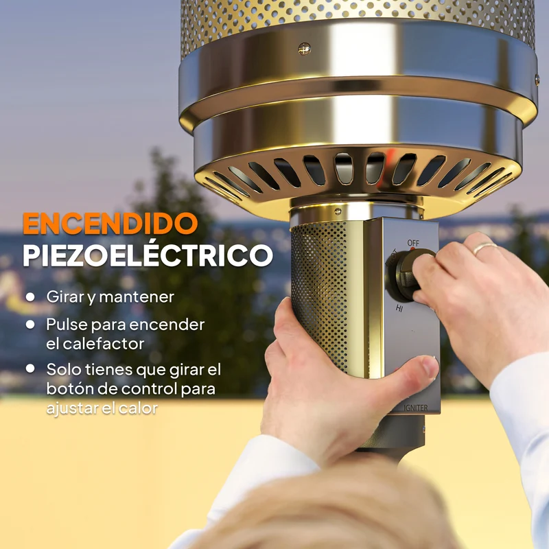 Outsunny Estufa de Gas Butano, 13000W, Calefactor de Exterior a Gas Portátil con Temperatura Ajustable, Protección contra Vuelcos, Encendido Piezoeléctrico y Ruedas, para Butano y Propano, 7 m², Gris