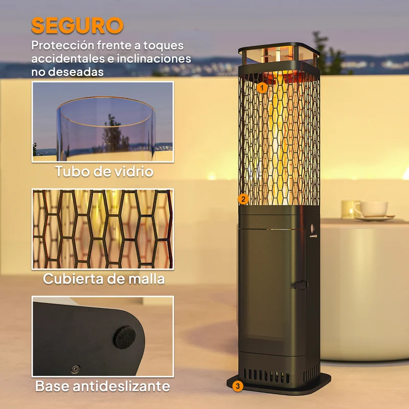 Outsunny Estufa de Pellets, 6.86 KW, sin Electricidad, Estufa Exterior con Tubo de Vidrio, Base Antideslizante y Rejilla Metálica, Calefactor de Pellets sin Humo para Jardín, Terraza, Exterior, Negro