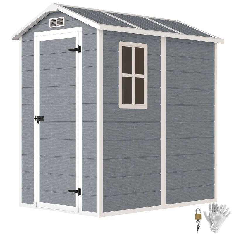 Outsunny Caseta de Jardín Exterior, 2,1 m², 131x186x198 cm, Cobertizo de Jardín Exterior con Suelo, Puerta con Cerradura, Ventana y 2 Ventilaciones, para Almacenamiento de Herramientas, Gris