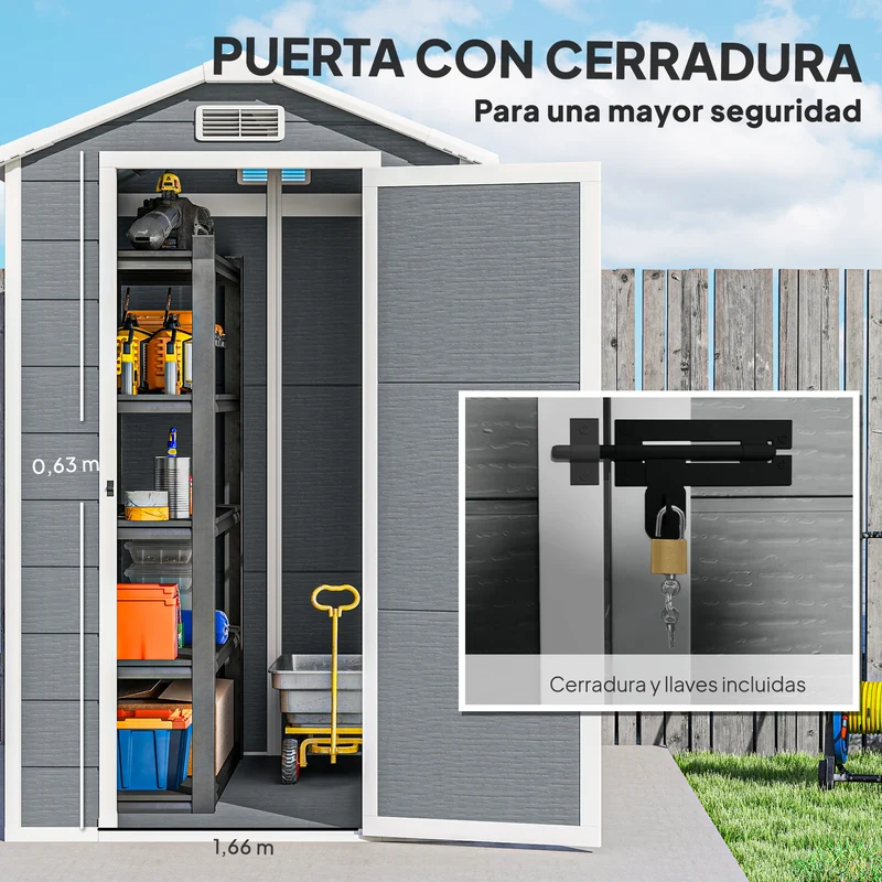 Outsunny Caseta de Jardín Exterior, 2,1 m², 131x186x198 cm, Cobertizo de Jardín Exterior con Suelo, Puerta con Cerradura, Ventana y 2 Ventilaciones, para Almacenamiento de Herramientas, Gris