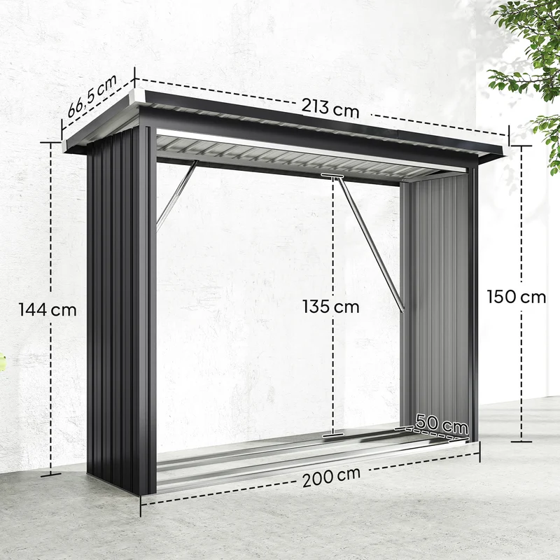 Outsunny Casetilla para Leña de Acero Galvanizado, Cobertizo Leñero Exterior de Almacenamiento de Troncos, con Base Elevada y Techo Inclinado, 213x66,5x150 cm, Gris Oscuro