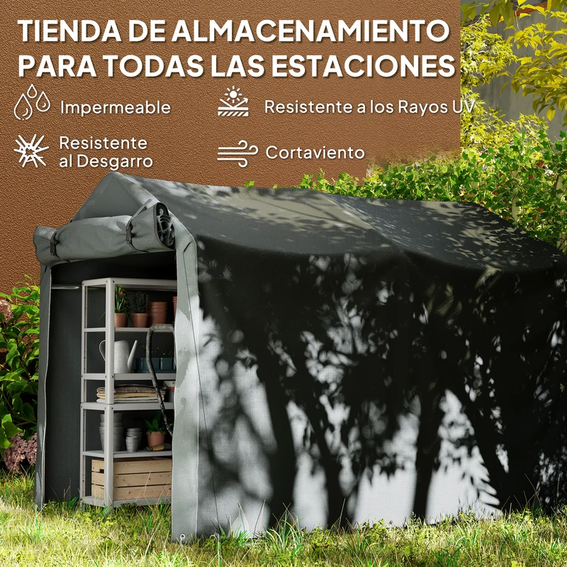 Outsunny Carpa de Jardín Exterior para Herramientas Bicicletas 2,2x1,57x1,65 m, Cobertizo Exterior con Puerta Desmontable con Cremallera, Impermeable, Anti-UV, Garaje Portátil, Gris Oscuro