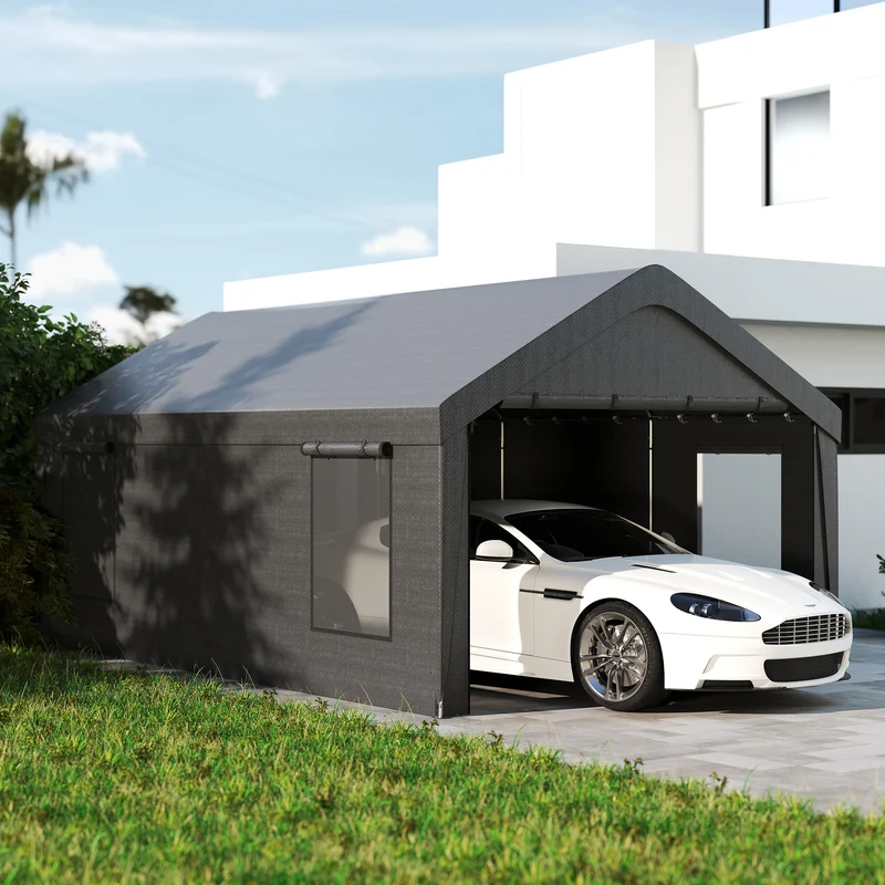 Outsunny Carpa Garaje Portátil 6x3,6 m, Garaje Exterior para Coche Impermeable, Cobertizo de Almacenamiento Anti-UV, con Paredes Laterales Desmontables y 2 Puertas con Cremallera, para Coche, Gris