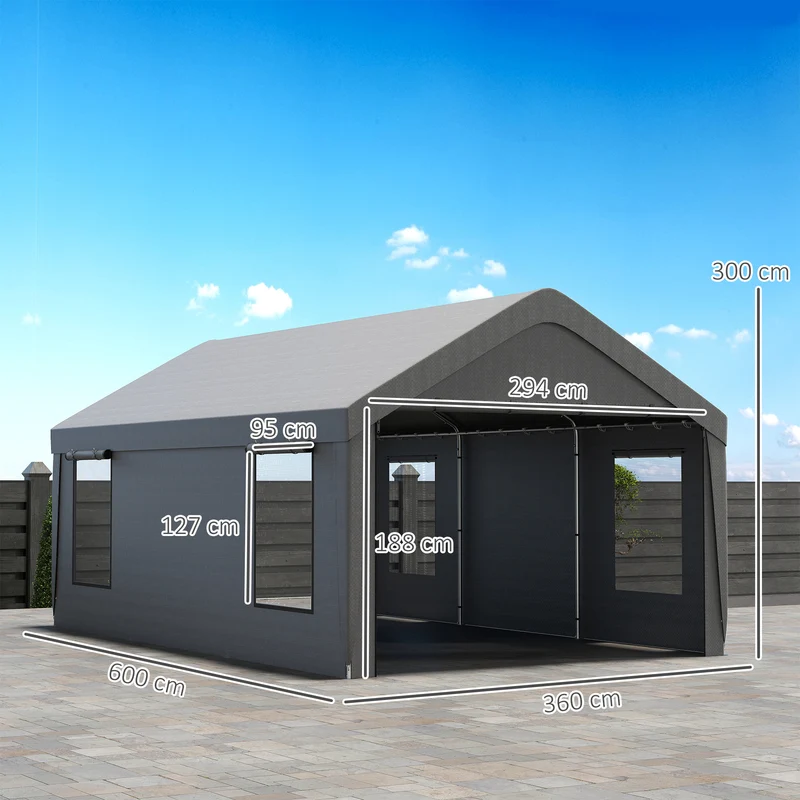 Outsunny Carpa Garaje Portátil 6x3,6 m, Garaje Exterior para Coche Impermeable, Cobertizo de Almacenamiento Anti-UV, con Paredes Laterales Desmontables y 2 Puertas con Cremallera, para Coche, Gris