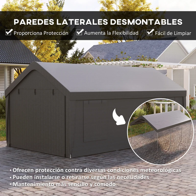 Outsunny Carpa Garaje Portátil 6x3,6 m, Garaje Exterior para Coche Impermeable, Cobertizo de Almacenamiento Anti-UV, con Paredes Laterales Desmontables y 2 Puertas con Cremallera, para Coche, Gris