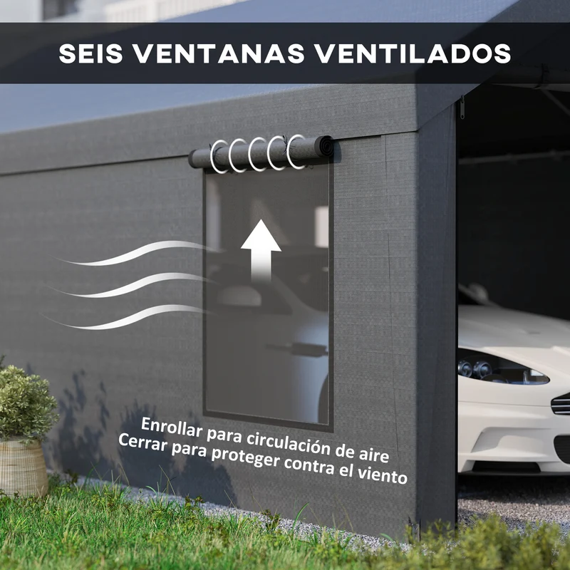 Outsunny Carpa Garaje Portátil 6x3,6 m, Garaje Exterior para Coche Impermeable, Cobertizo de Almacenamiento Anti-UV, con Paredes Laterales Desmontables y 2 Puertas con Cremallera, para Coche, Gris