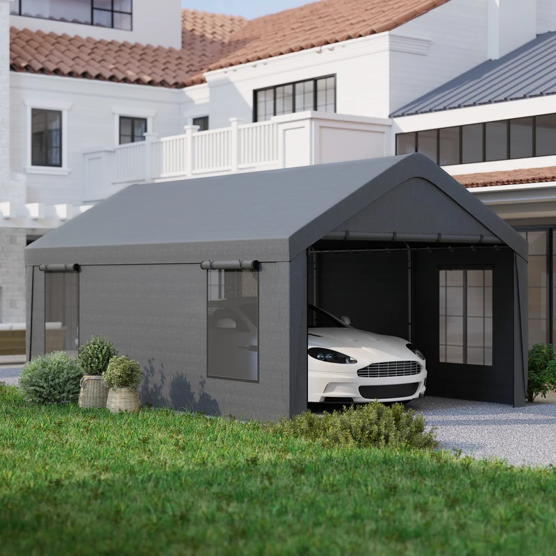 Outsunny Carpa Garaje Portátil 6x3,6 m, Garaje Exterior para Coche Impermeable, Cobertizo de Almacenamiento Anti-UV, con Paredes Laterales Desmontables y 2 Puertas con Cremallera, para Coche, Gris