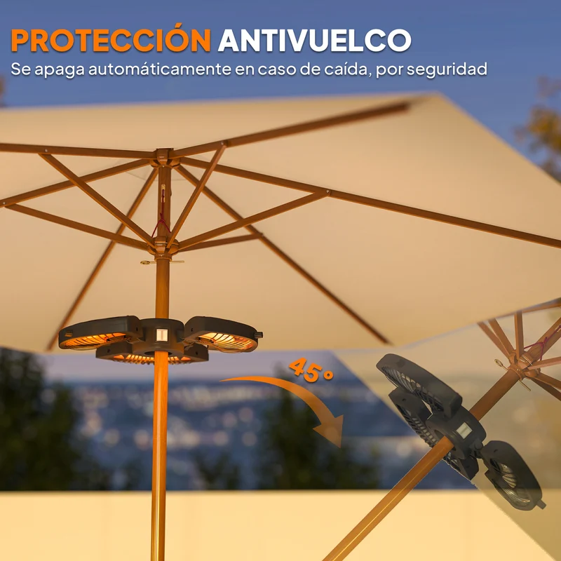 Outsunny Calefactor por Infrarrojos para Parasol, 800/1600/2400W, Estufa Exterior Eléctrica de Aluminio con 3 Niveles de Calentamiento, Protección Antivuelco, IP44, para Terraza, Patio y Jardín, Negro