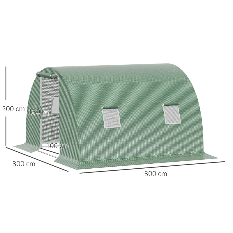Outsunny Invernadero de Túnel 3x3x2 m, Invernadero de Jardín con Puerta Enrollable, 4 Ventanas de Malla, Cubierta PE 140g/m², Estructura de Acero Galvanizado, para Cultivos, Plantas, Flores, Verde