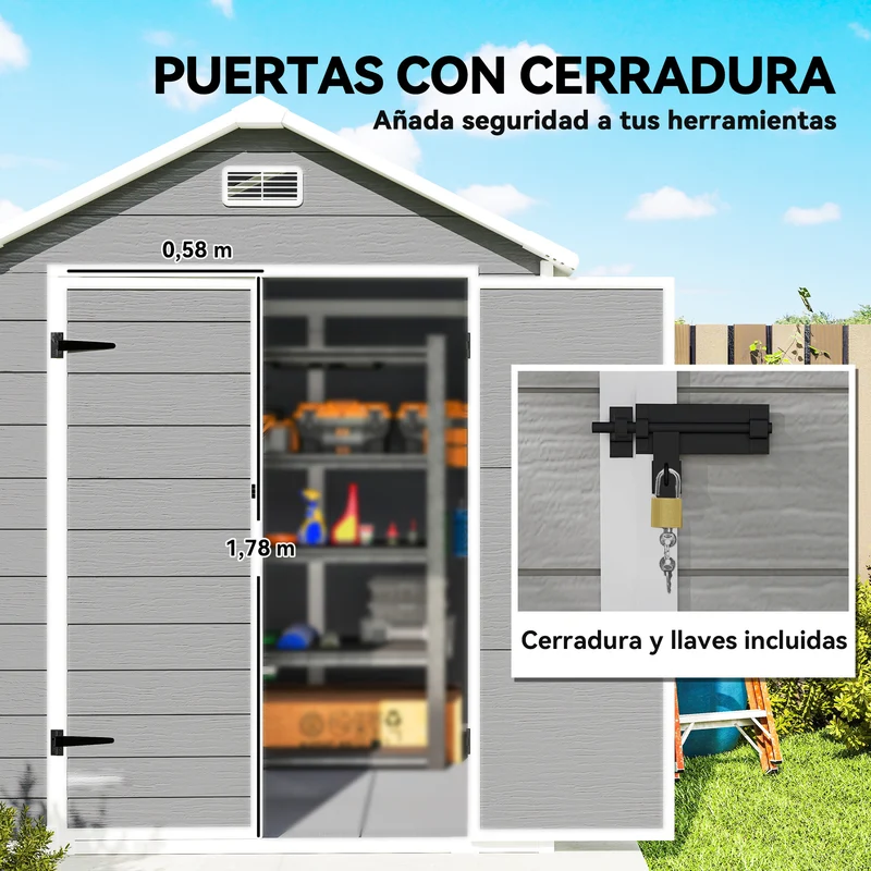 Outsunny Caseta de Jardín Exterior, 2,4 m², 182x151x219 cm, Cobertizo de Jardín Exterior con Suelo, Puerta Corredera, Ventana y Techo Inclinado, para Almacenamiento de Herramientas, Gris