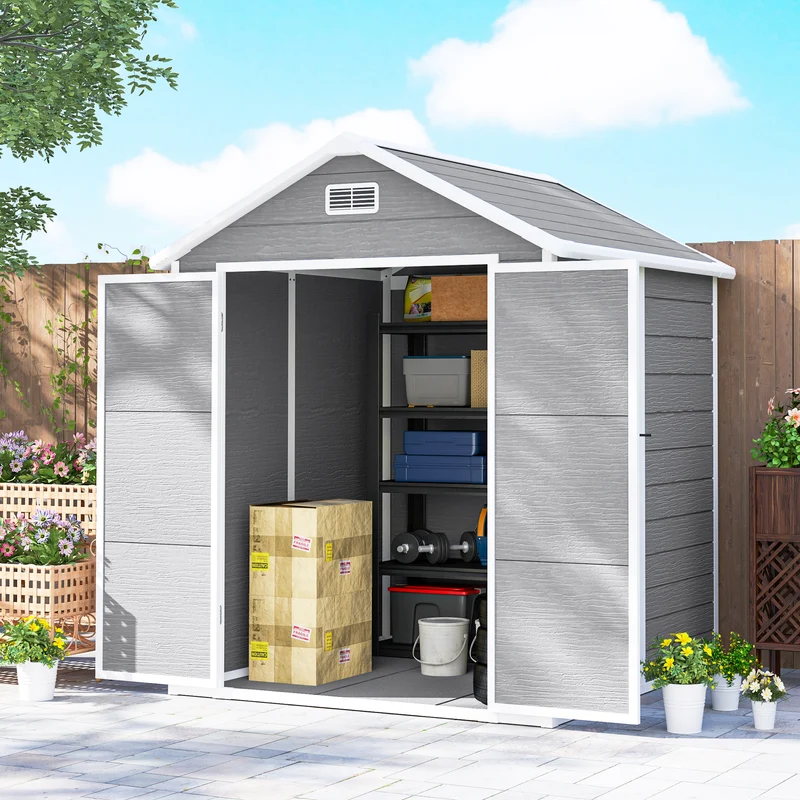 Outsunny Caseta de Jardín Exterior, 2,4 m², 182x151x219 cm, Cobertizo de Jardín Exterior con Suelo, Puerta Corredera, Ventana y Techo Inclinado, para Almacenamiento de Herramientas, Gris