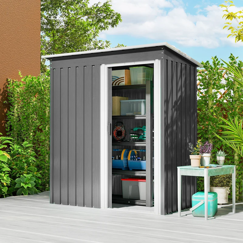Outsunny Caseta de Jardín Exterior, 1,16 m², 163x89x182 cm, Cobertizo de Jardín Exterior Metálico con Puerta Corredera y Techo Inclinado, para Almacenamiento de Herramientas, Gris