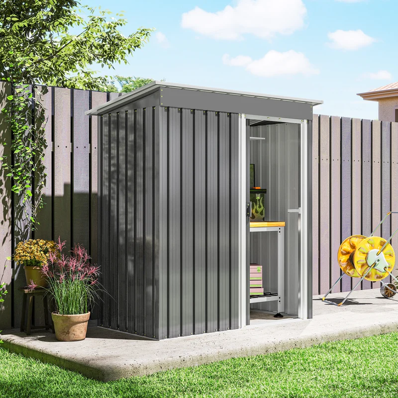 Outsunny Caseta de Jardín Exterior, 1,16 m², 163x89x182 cm, Cobertizo de Jardín Exterior Metálico con Puerta Corredera y Techo Inclinado, para Almacenamiento de Herramientas, Gris