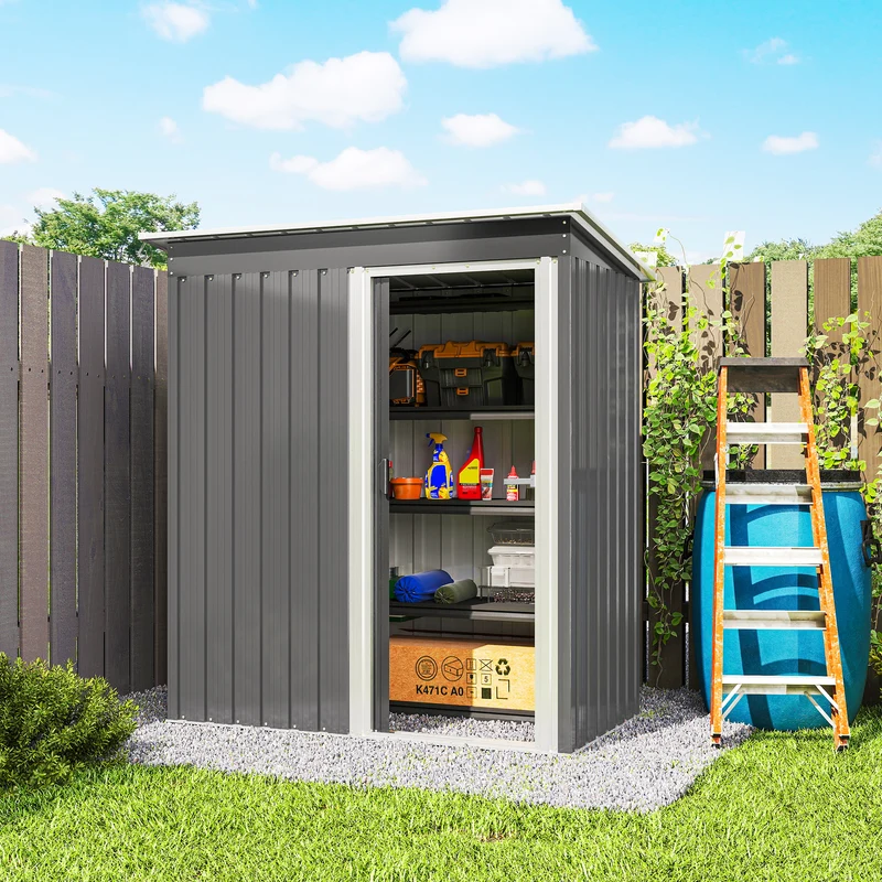 Outsunny Caseta de Jardín Exterior, 1,16 m², 163x89x182 cm, Cobertizo de Jardín Exterior Metálico con Puerta Corredera y Techo Inclinado, para Almacenamiento de Herramientas, Gris
