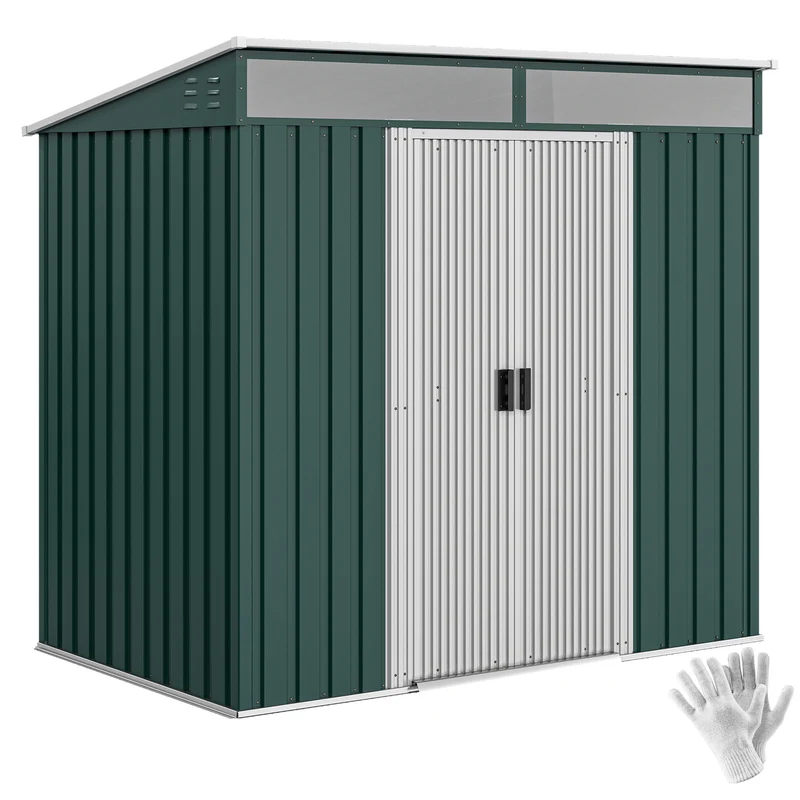 Outsunny Caseta de Jardín Exterior 2 m² 195x122x181,5 cm Cobertizo de Jardín Exterior Metálica con Base SIN SUELO 2 Puertas Correderas Ventanas y Ganchos para Herramientas Verde