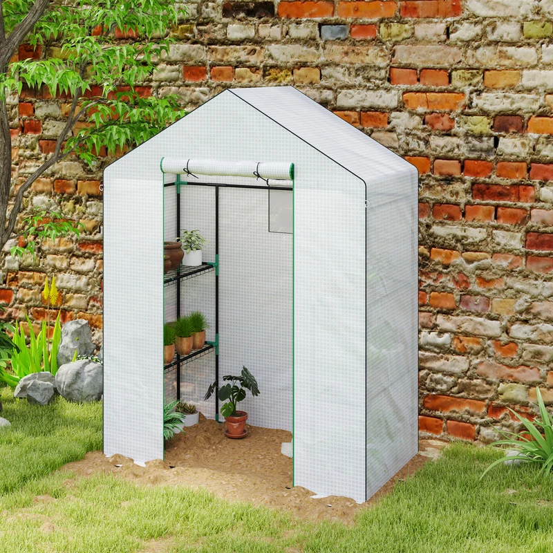 Outsunny Invernadero de Exterior Invernadero Pequeño de 3 Niveles con 6 Estantes Puerta Enrollable Cubierta de PE y Marco de Acero para Cultivos Plantas Flores 143x74x190 cm Blanco