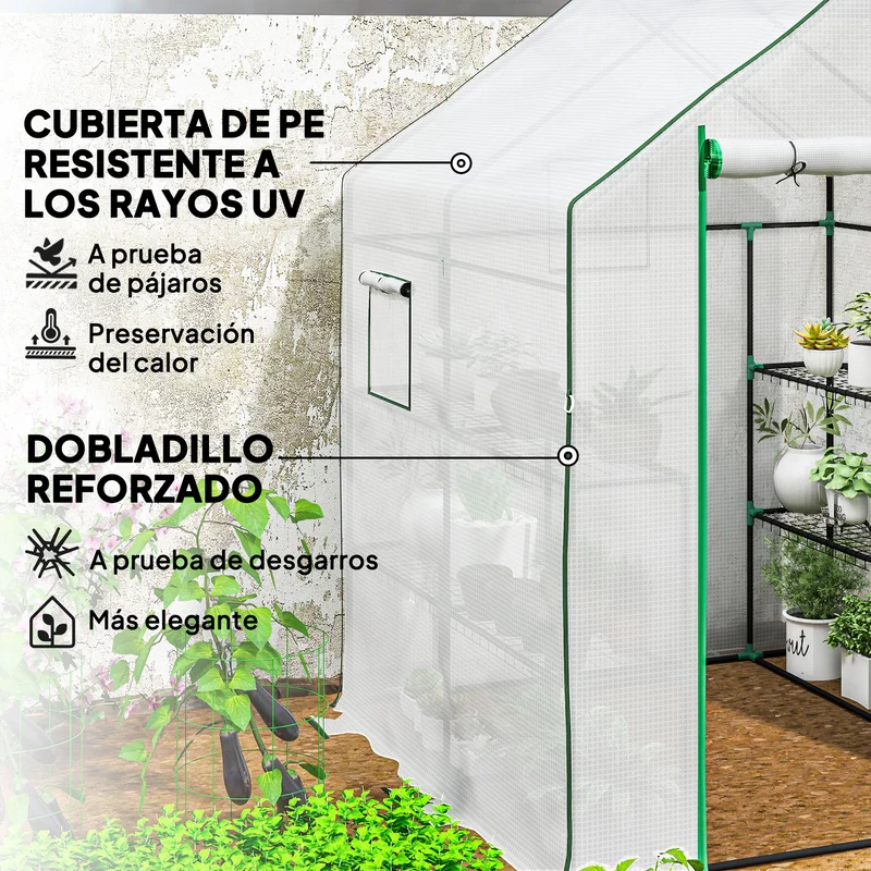Outsunny Invernadero de Exterior Invernadero Pequeño de 3 Niveles con 6 Estantes Puerta Enrollable Cubierta de PE y Marco de Acero para Cultivos Plantas Flores 140x143x190 cm Blanco