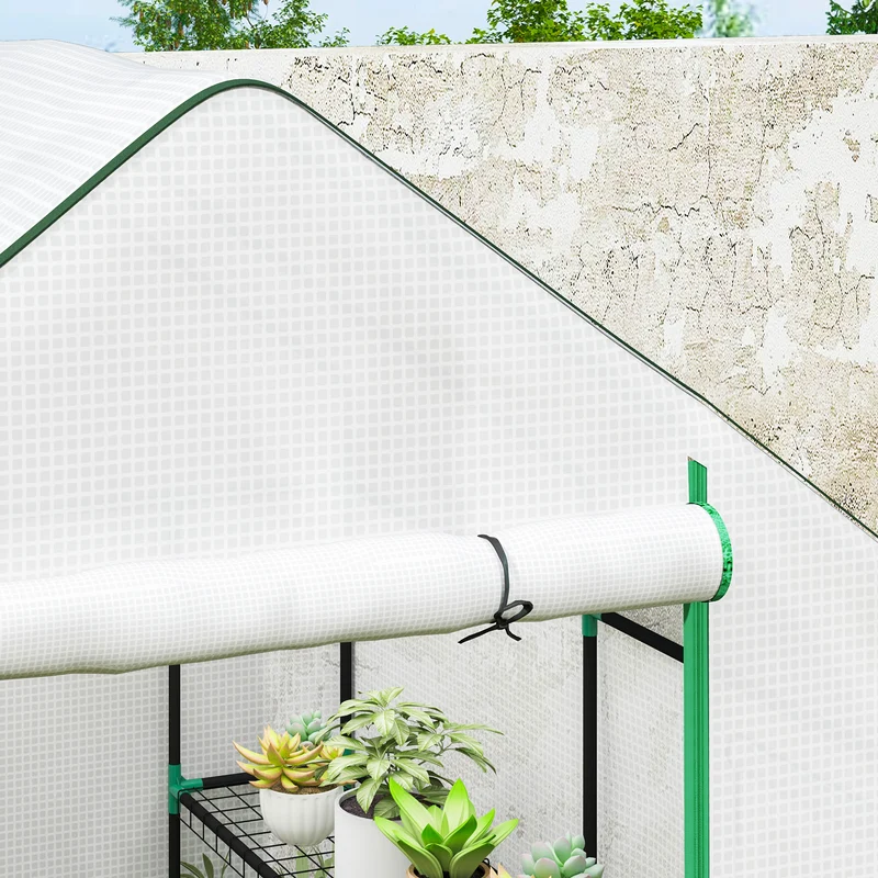 Outsunny Invernadero de Exterior Invernadero Pequeño de 3 Niveles con 6 Estantes Puerta Enrollable Cubierta de PE y Marco de Acero para Cultivos Plantas Flores 140x143x190 cm Blanco