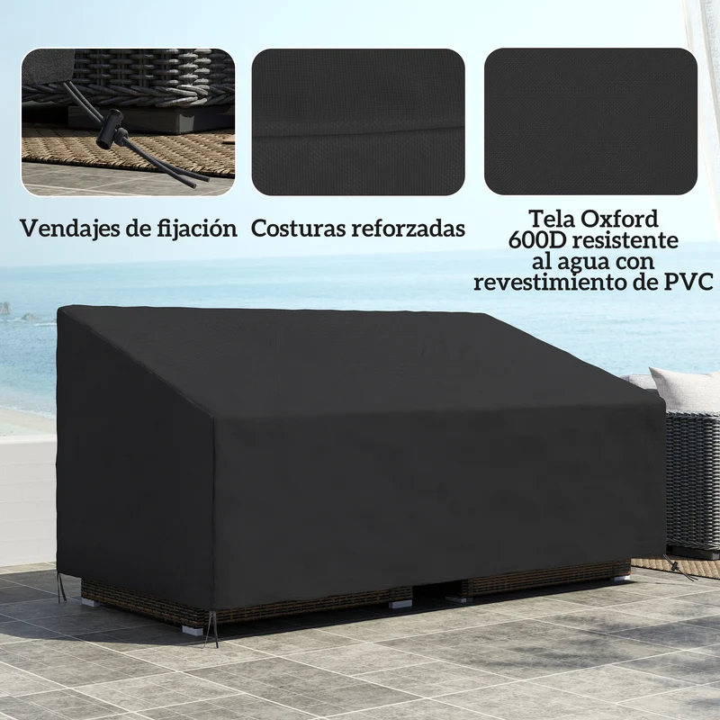 Outsunny Funda para Banco de Jardín 3-4 Plazas, Funda Sofá Exterior Impermeable, Tela Oxford 600D con Recubrimiento Resistente a los Rayos UV y al Polvo, 218x111x63/101 cm para Patio, Terraza, Negro