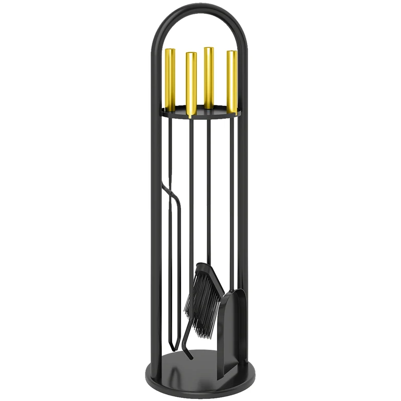 Outsunny Juego Utensilios Chimenea de 5 Piezas, Juego de Accesorios para Chimenea de Metal con Escoba, Pala, 1 Par de Tenazas, Atizador y Soporte, 20x20x71 cm, Negro y Dorado