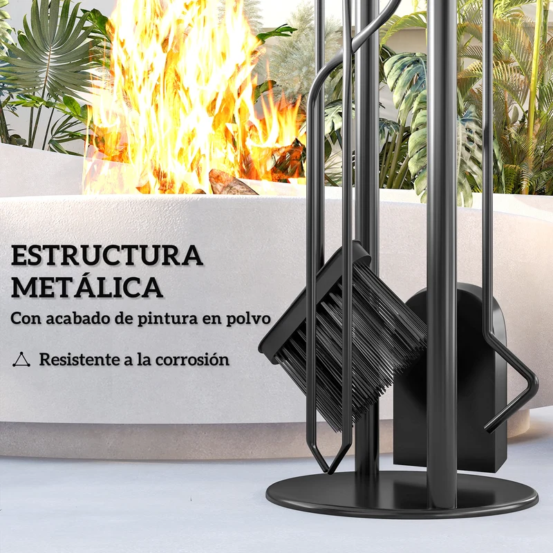 Outsunny Juego Utensilios Chimenea de 5 Piezas, Juego de Accesorios para Chimenea de Metal con Escoba, Pala, 1 Par de Tenazas, Atizador y Soporte, 20x20x71 cm, Negro y Dorado