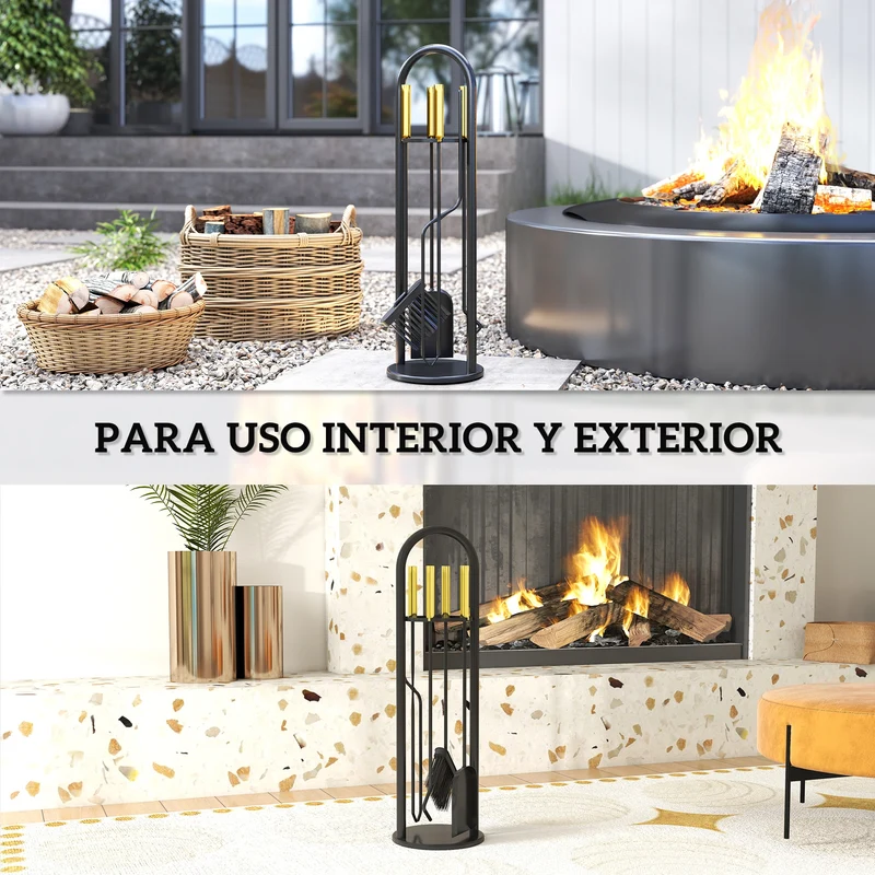Outsunny Juego Utensilios Chimenea de 5 Piezas, Juego de Accesorios para Chimenea de Metal con Escoba, Pala, 1 Par de Tenazas, Atizador y Soporte, 20x20x71 cm, Negro y Dorado