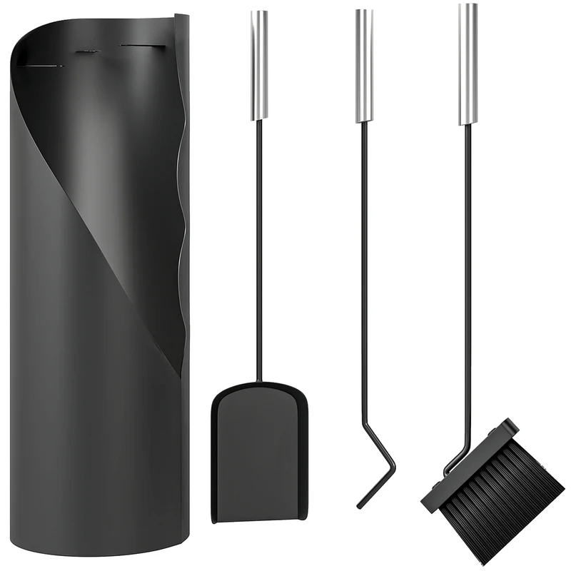 Outsunny Juego Utensilios Chimenea de 4 Piezas, Juego de Accesorios para Chimenea de Metal con Escoba, Pala, Atizador y Cubo, 20x20x65 cm, Negro y Plateado