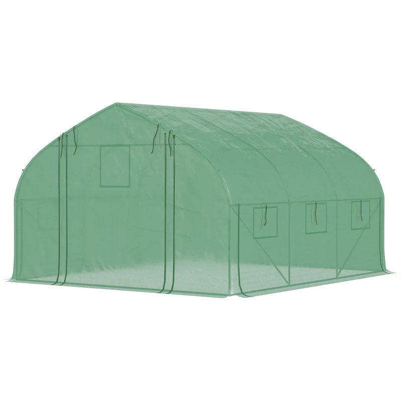 Outsunny Invernadero de Túnel 347x300x200 cm Invernadero de Jardín con Puerta Enrollable 6 Ventanas Cubierta PE 140g/m² Estructura de Acero Galvanizado para Cultivos Plantas Flores Verde