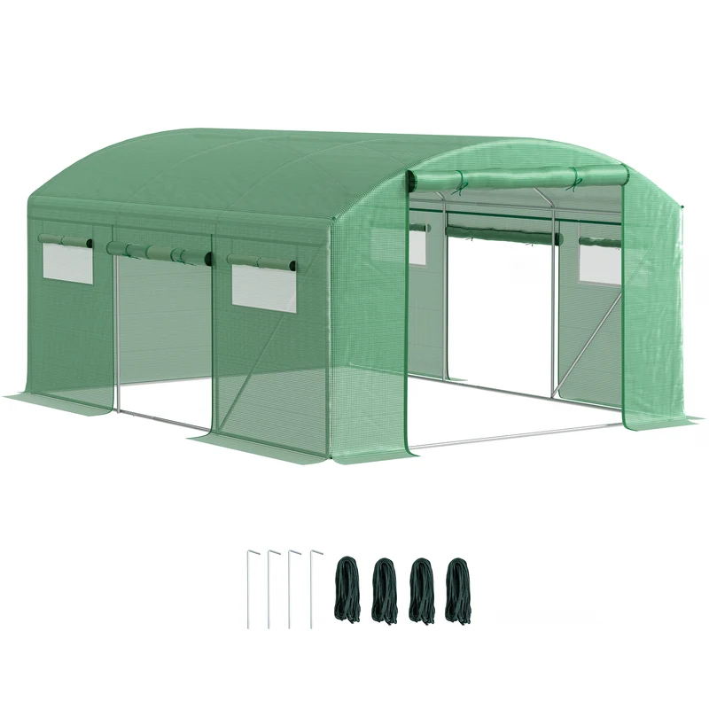 Outsunny Invernadero de Exterior 4x3x2 m Invernadero de Túnel con 6 Ventanas de Malla Cubierta de PE Anti-UV y 3 Puertas Enrollables con Cremallera para Jardín Patio Verde
