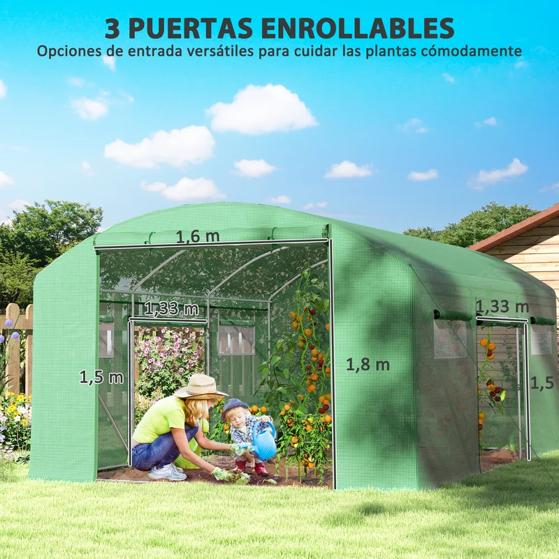 Outsunny Invernadero de Exterior 4x3x2 m Invernadero de Túnel con 6 Ventanas de Malla Cubierta de PE Anti-UV y 3 Puertas Enrollables con Cremallera para Jardín Patio Verde