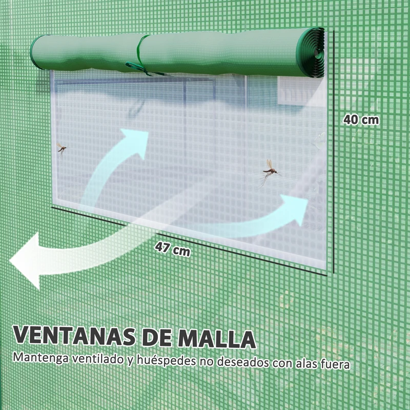 Outsunny Invernadero de Exterior 4x3x2 m Invernadero de Túnel con 6 Ventanas de Malla Cubierta de PE Anti-UV y 3 Puertas Enrollables con Cremallera para Jardín Patio Verde