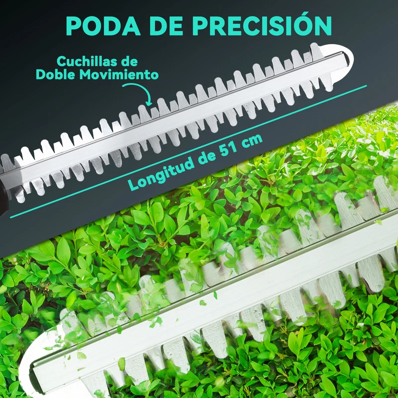 Outsunny Tijeras Cortasetos Eléctrico Cortasetos Batería 18V con 2 Baterías de 4000mAh, Longitud de Cuchilla de 51 cm, Motor sin Escobillas y Cargador para Setos Césped Azul