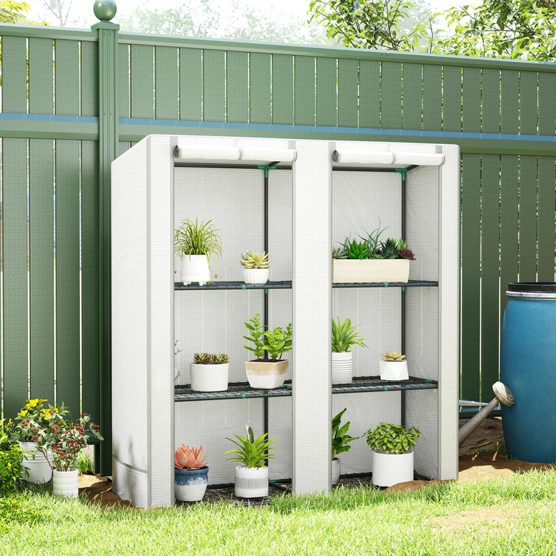 Outsunny Invernadero de Exterior con Techo Inclinado Invernadero Pequeño con 3 Estantes 2 Puertas Enrollables Cubierta de PE y Marco de Acero para Cultivos Plantas Flores 144x48x152 cm Blanco