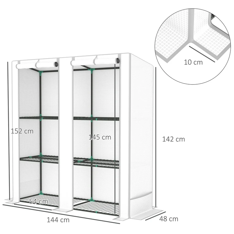 Outsunny Invernadero de Exterior con Techo Inclinado Invernadero Pequeño con 3 Estantes 2 Puertas Enrollables Cubierta de PE y Marco de Acero para Cultivos Plantas Flores 144x48x152 cm Blanco