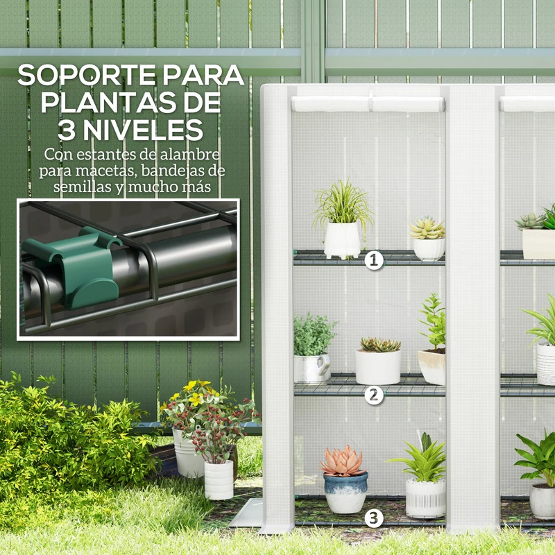 Outsunny Invernadero de Exterior con Techo Inclinado Invernadero Pequeño con 3 Estantes 2 Puertas Enrollables Cubierta de PE y Marco de Acero para Cultivos Plantas Flores 144x48x152 cm Blanco