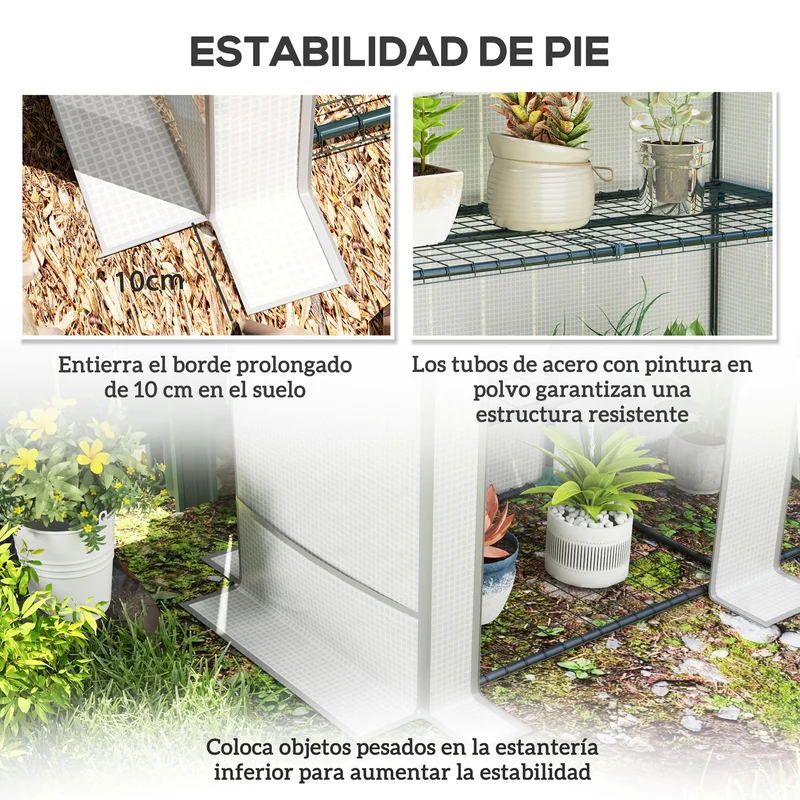 Outsunny Invernadero de Exterior con Techo Inclinado Invernadero Pequeño con 3 Estantes 2 Puertas Enrollables Cubierta de PE y Marco de Acero para Cultivos Plantas Flores 144x48x152 cm Blanco