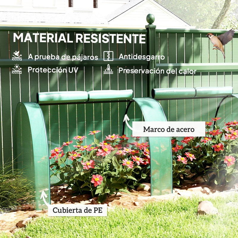 Outsunny Invernadero de Exterior 395x100x80 cm Invernadero de Jardín con 4 Puertas Enrollables y Marco de Acero para Cultivos Plantas Flores Verde
