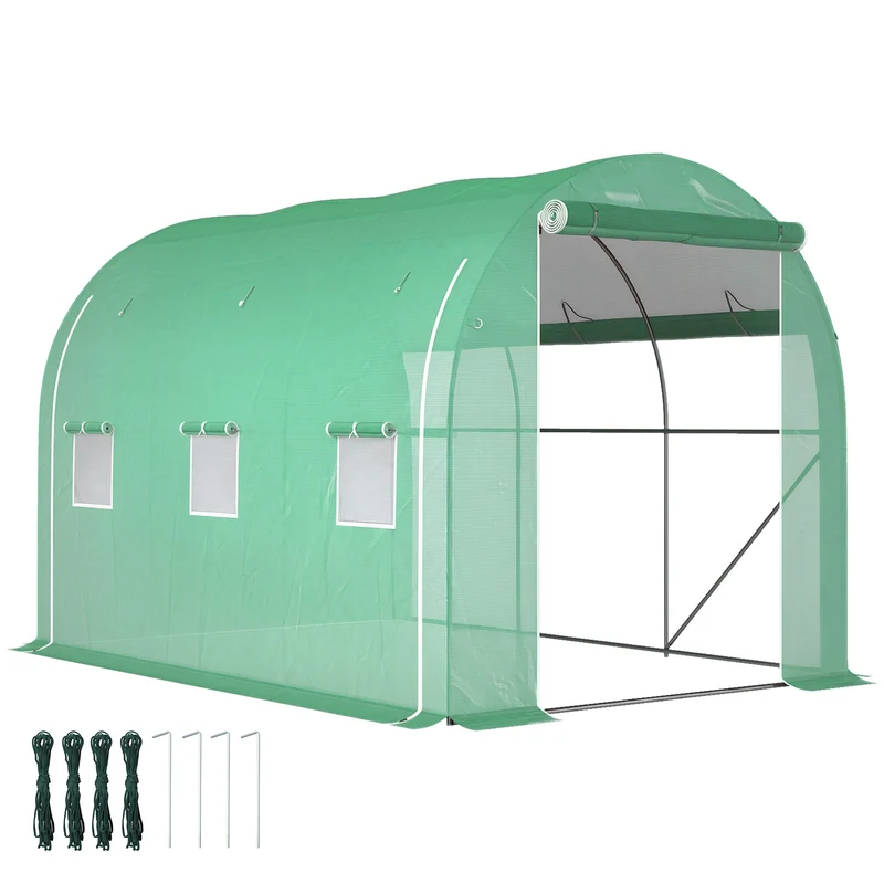 Outsunny Invernadero de Túnel 296x196x200 cm Invernadero de Jardín con 3 Puertas Enrollables 6 Ventanas Cubierta PE 140g/m² Estructura de Acero Galvanizado para Cultivos Plantas Flores Verde