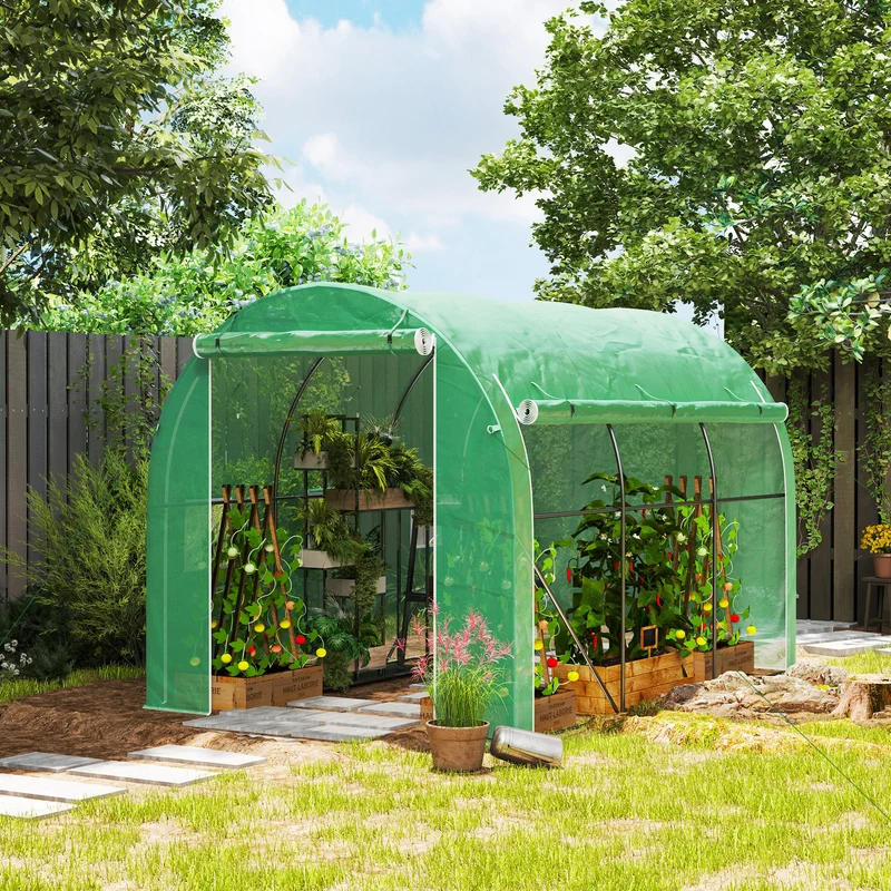 Outsunny Invernadero de Túnel 296x196x200 cm Invernadero de Jardín con 3 Puertas Enrollables 6 Ventanas Cubierta PE 140g/m² Estructura de Acero Galvanizado para Cultivos Plantas Flores Verde