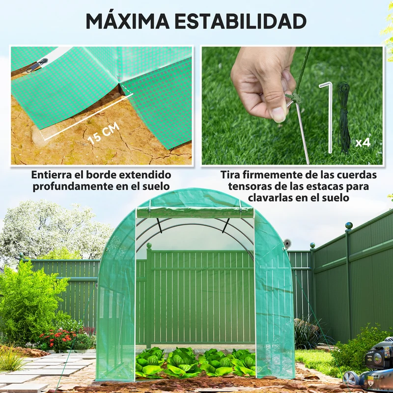 Outsunny Invernadero de Túnel 296x196x200 cm Invernadero de Jardín con 3 Puertas Enrollables 6 Ventanas Cubierta PE 140g/m² Estructura de Acero Galvanizado para Cultivos Plantas Flores Verde