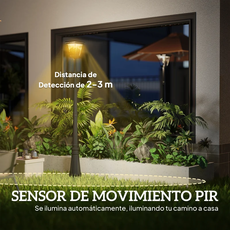 Outsunny Farola Solar Exterior Luz Solar Exterior Jardín de Aluminio y Vidrio con Panel Solar Luces LED Encendido y Apagado Automático Sensor de Movimiento Impermeable IP44 para Terraza 26x24x220 cm